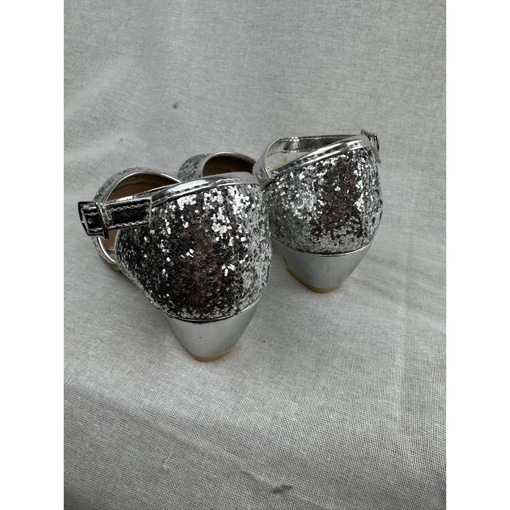 Leading Role Kids Silver Glitter Heels Ankle Strap‎ Dress Shoes Size 11/12